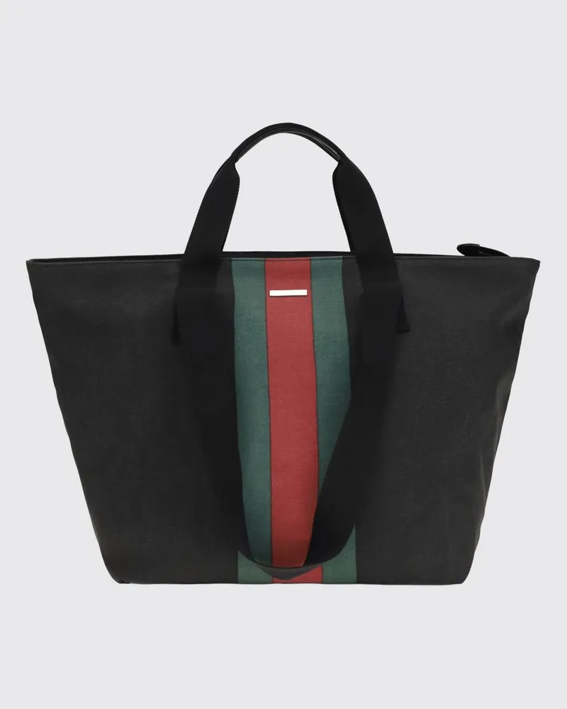 Gucci Positano Shopping-Tasche aus gestreiftem Baumwoll-Canvas mit Web-Logo Schwarz