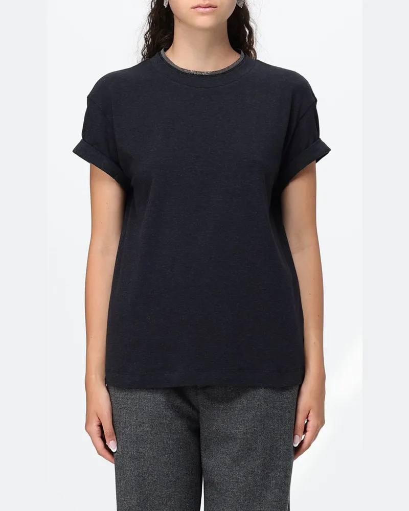 Brunello Cucinelli Stretch-Baumwoll-T-Shirt mit Rundhalsausschnitt und Monili-Stickerei Lead