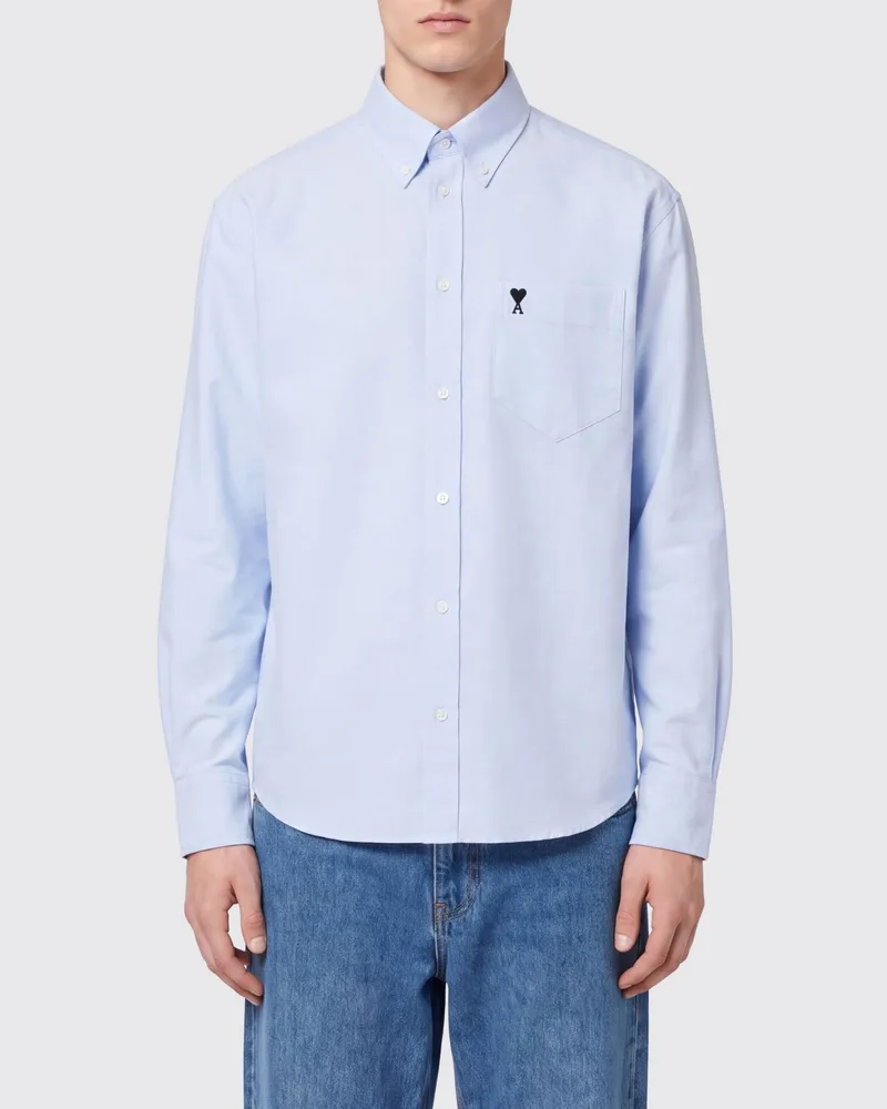 AMI Paris Relaxed-Fit-Baumwollhemd mit Button-Down-Kragen und gesticktem Logo Hellblau