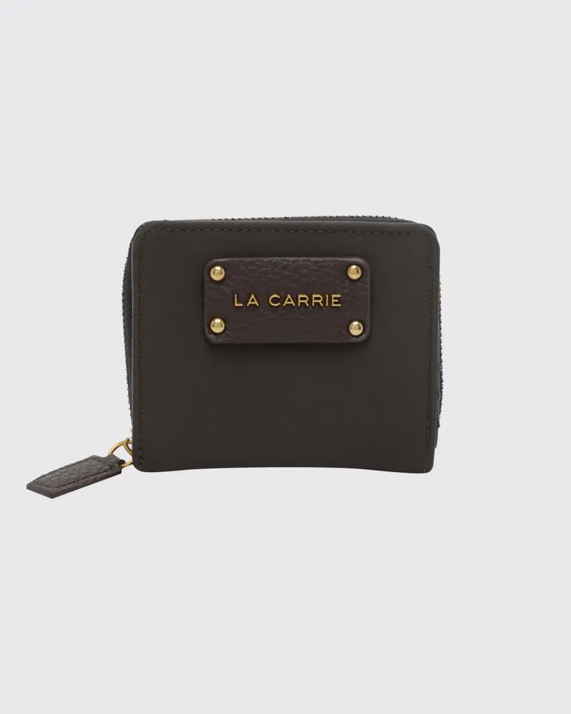 LA CARRIE Bifold-Brieftasche aus genarbtem Kunstleder mit metallischem Logo Braun
