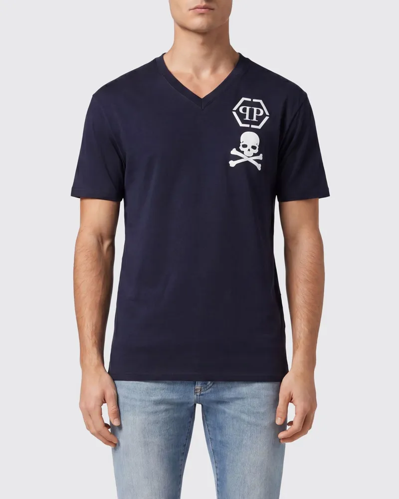 Philipp Plein V-Ausschnitt T-Shirt aus Baumwolle mit Monogramm-Logo Blau