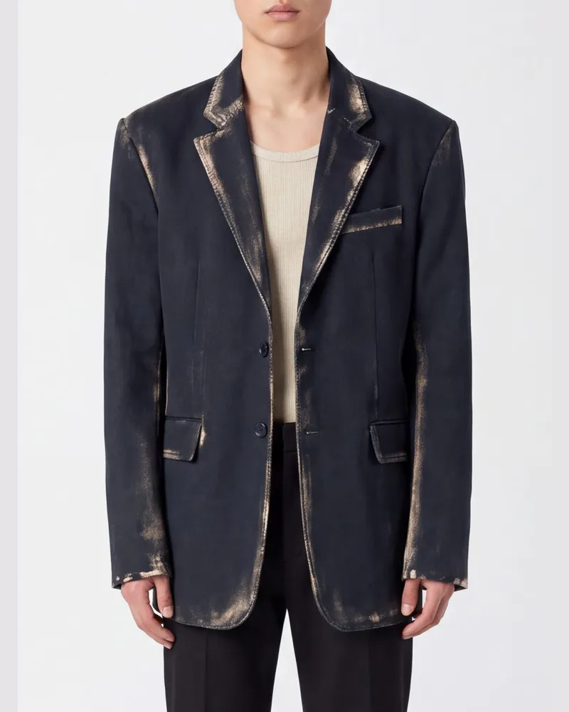 Camper Einreihiger Distressed-Denim-Blazer mit Revers und Rückenschlitz Schwarz