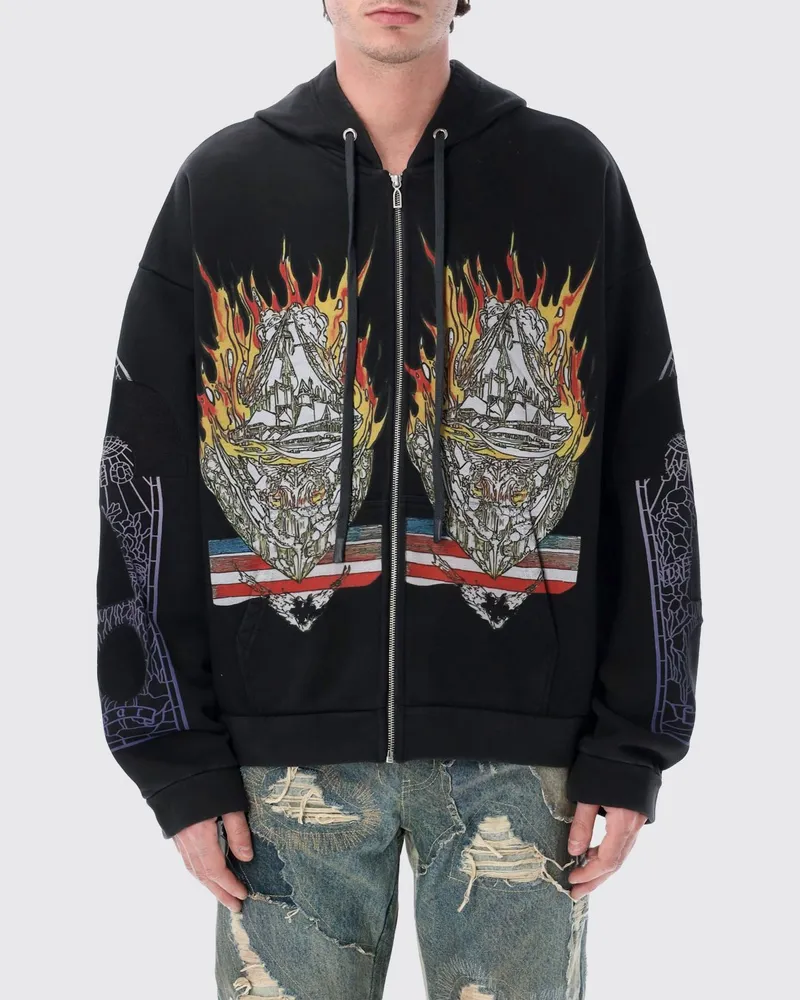 WHO DECIDES WAR Bedruckte Kapuzenjacke aus Baumwolljersey in Relaxed Fit Schwarz