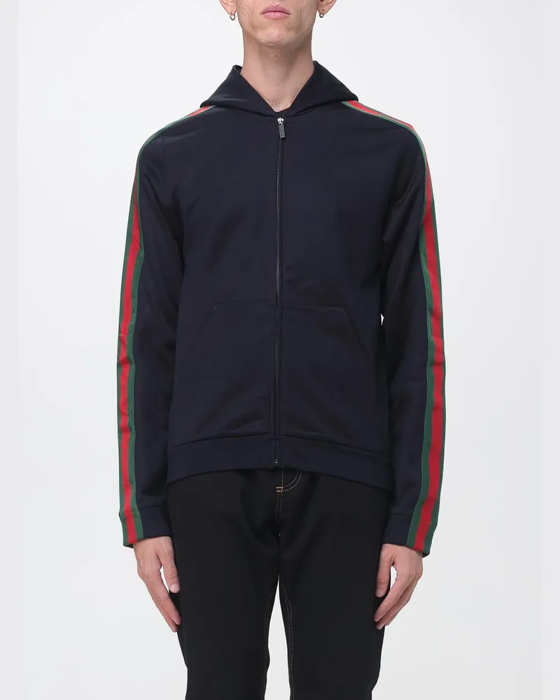 Gucci Seiden-Kapuzenjacke mit Reißverschluss mit gestreiftem Web-Detail Navy