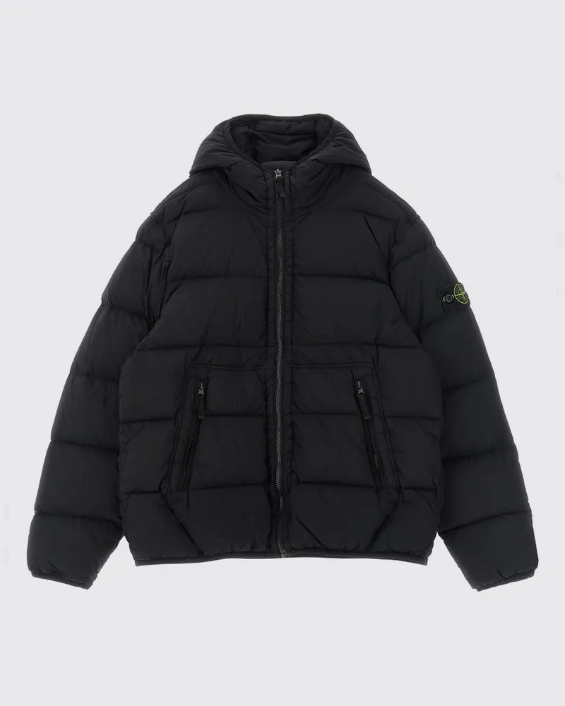 Stone Island Gesteppte Nylon-Daunenjacke für Jungen mit Kapuze und Logo Schwarz