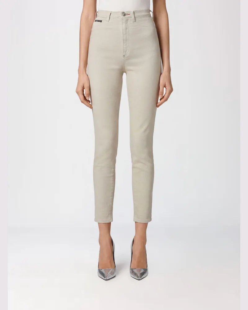 Philipp Plein High-Waist Cropped Skinny-Jeans aus Stretch mit Used-Effekt Beige