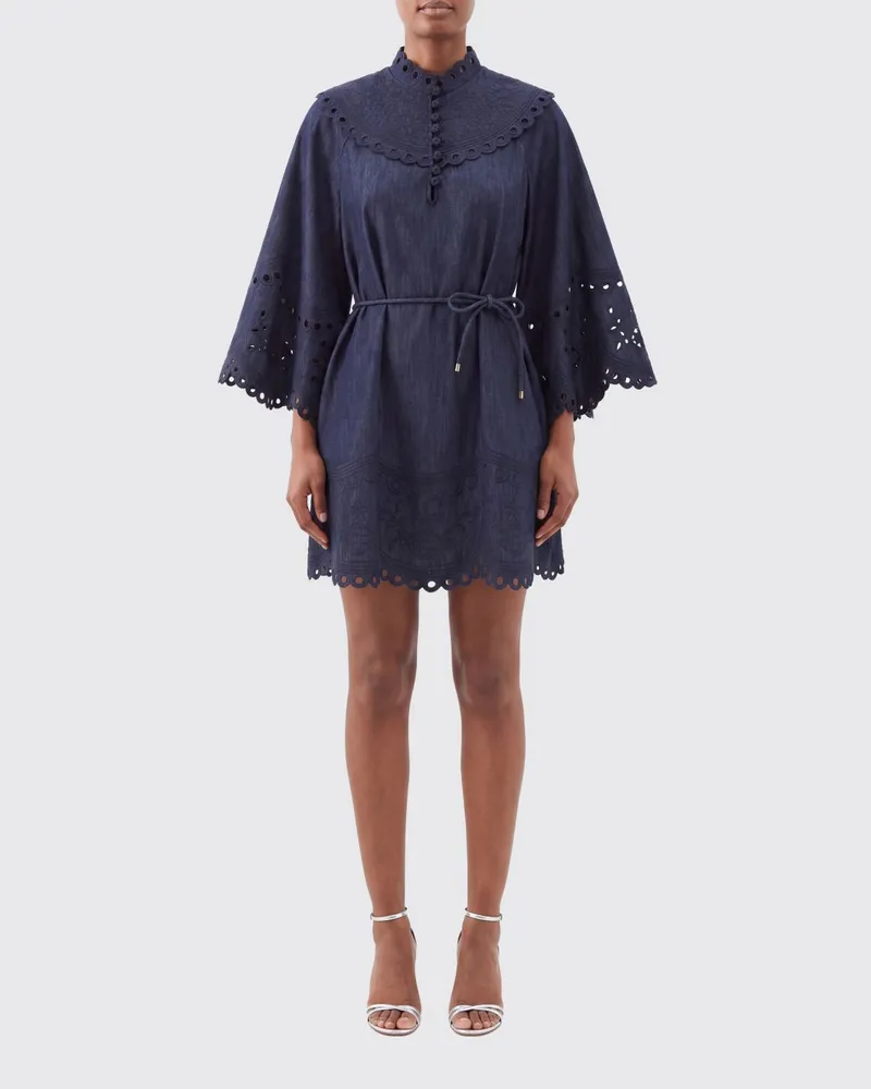 Zimmermann Mahon Minikleid von aus Denim mit Kimonoärmeln und Spitze Blau