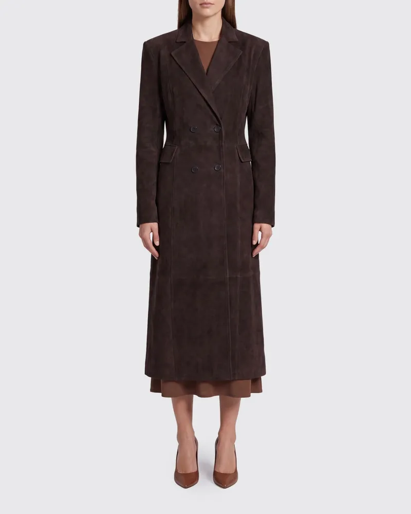 ROTATE Birger Christensen Langer zweireihiger Slim Fit Wildledermantel Braun