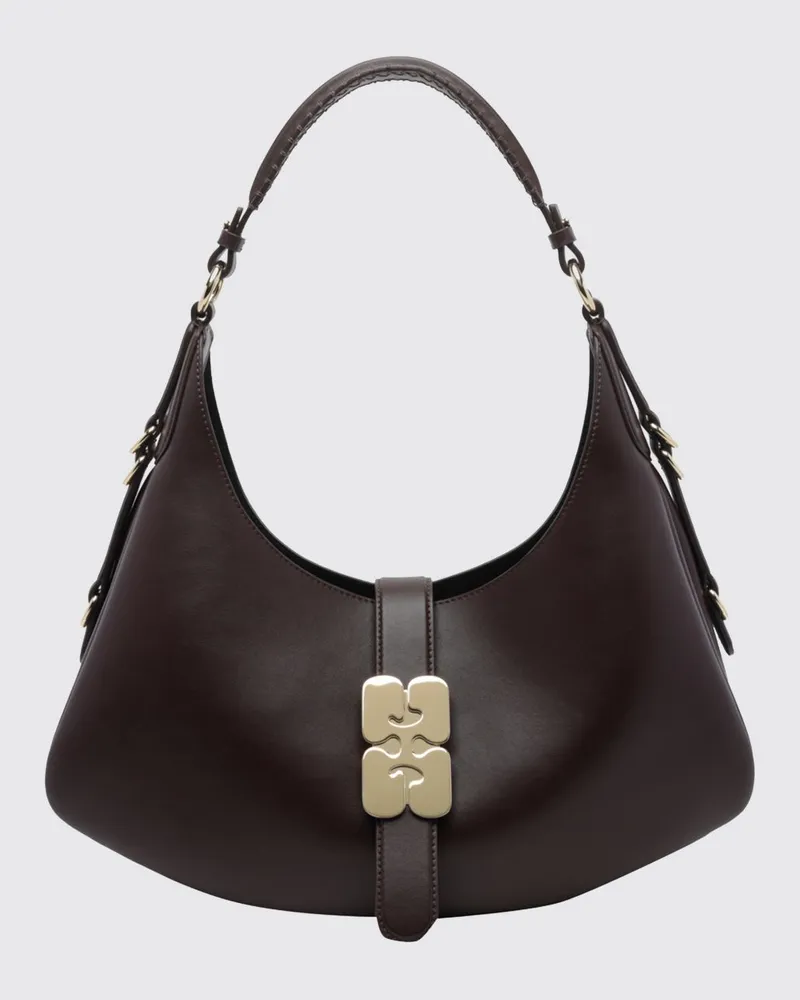 Ganni Kat Schultertasche aus recyceltem Leder mit Butterfly-Monogramm Braun