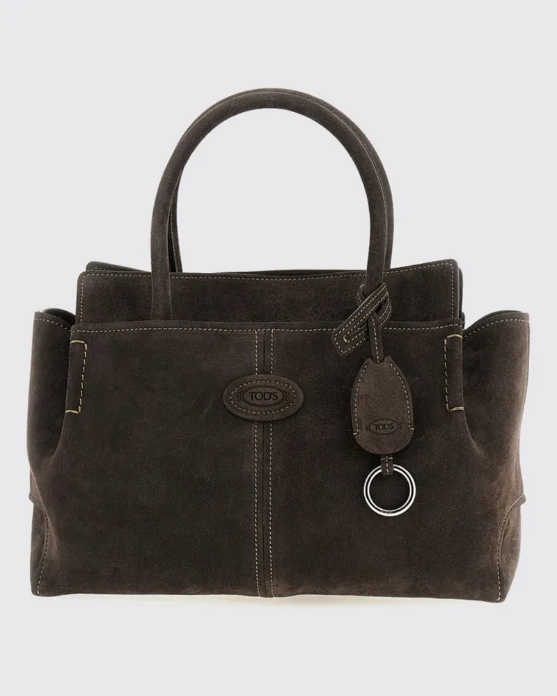 TOD'S Handtasche aus Leder und Wildleder mit doppeltem Henkel und Logo-Anhänger Braun