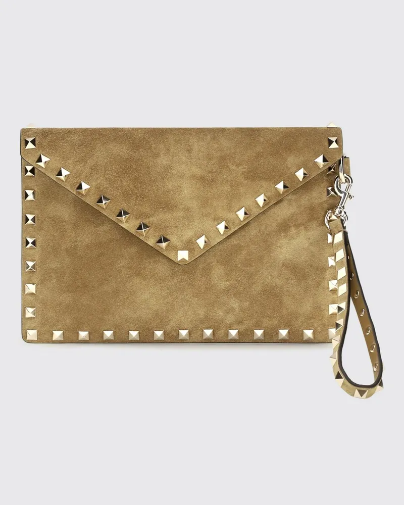 Valentino Garavani Rockstud Clutch aus Veloursleder mit Nieten und Handgelenkschlaufe Beige