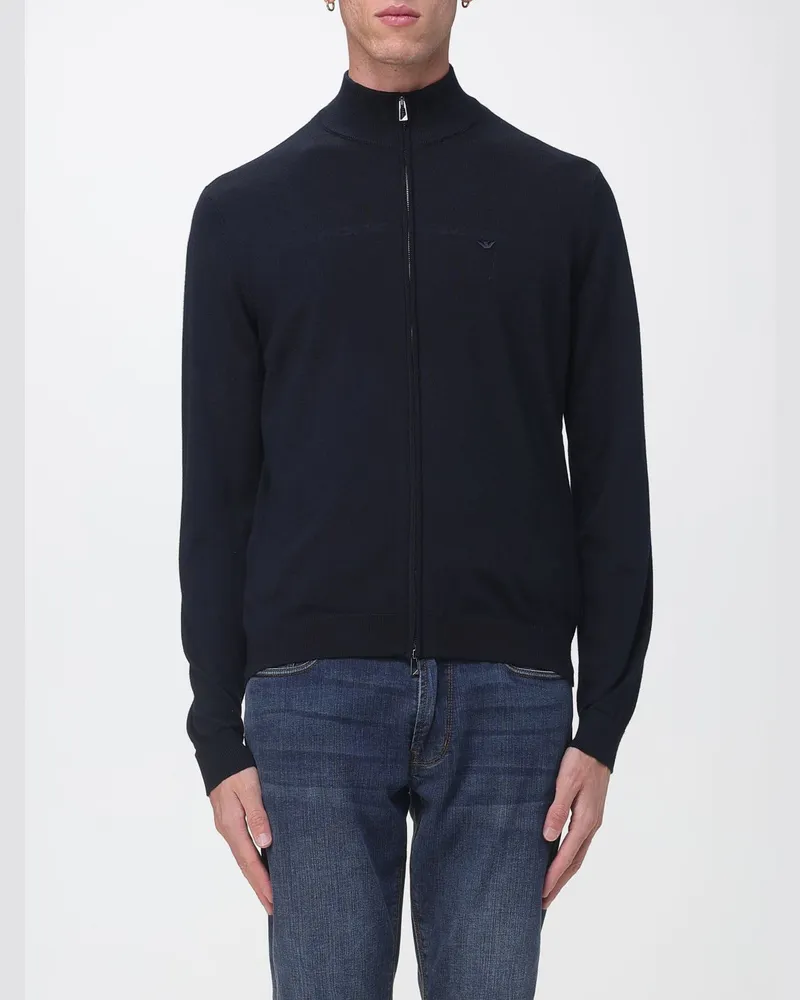 Emporio Armani Strickjacke aus Schurwolle mit Reißverschluss, Stehkragen und Rippbündchen Blau