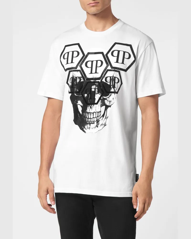 Philipp Plein Baumwoll-T-Shirt mit Skull-Print und Strass-Hexagon-Logo Weiß