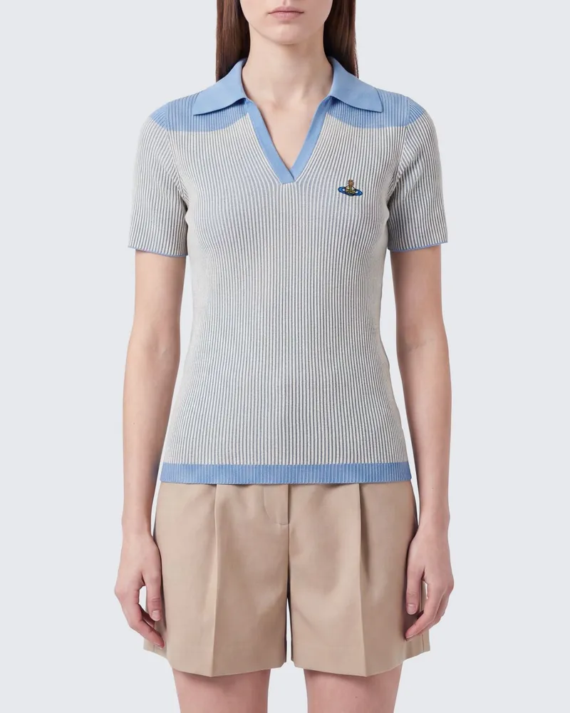Vivienne Westwood Gestreiftes Rippstrick-Polo mit V-Ausschnitt und Orb-Logo Blau