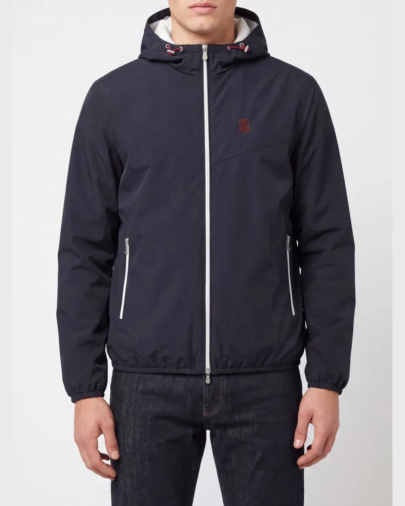 Brunello Cucinelli Wasserabweisende Windjacke aus technischem Nylon mit Kapuze Navy