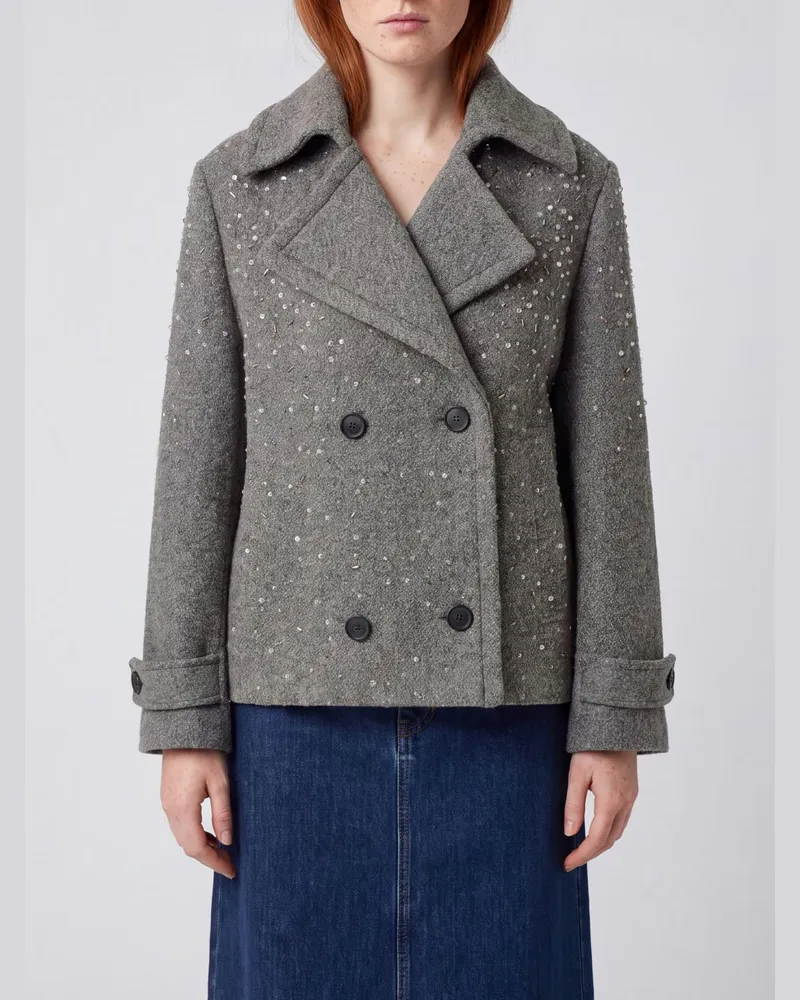 Golden Goose Doppelreihiger Kurzer Mantel aus Schurwolle mit Kristallapplikationen Grau