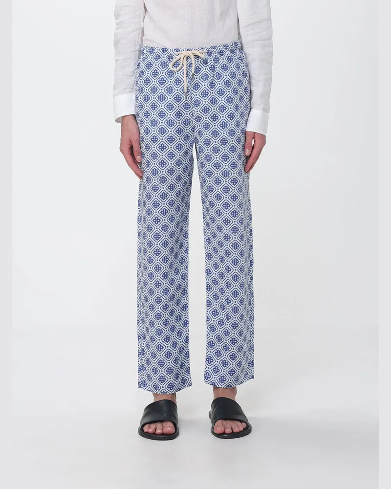 PENINSULA Leinenhose mit geradem Bein, ethnischem Muster und Kordelzug Blau