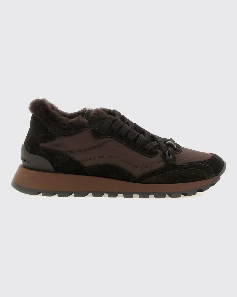 Brunello Cucinelli Sneaker aus Nylon und Veloursleder mit Shearling-Futter und Monili Schwarz