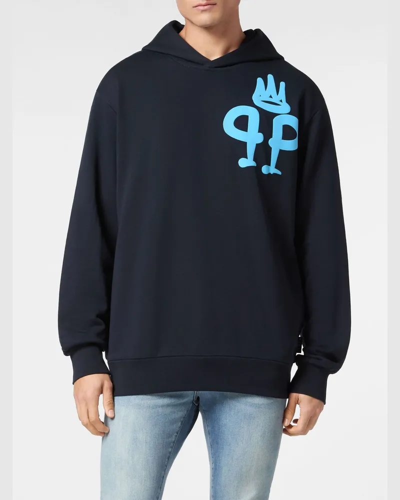 Philipp Plein Kapuzenpullover aus Baumwolle mit Kontrastlogo, Kängurutasche und überschnittenen Schultern Blau