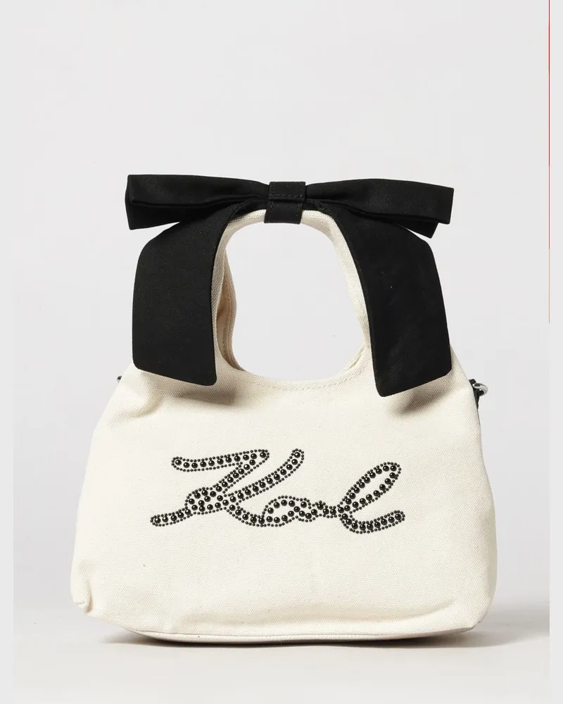 Karl Lagerfeld Handtasche aus recyceltem Baumwoll-Canvas mit Schleife und Logo Weiß
