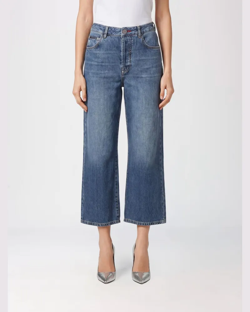 Philipp Plein High-Waist Cropped-Jeans aus Stretch-Denim mit weitem Bein Blau