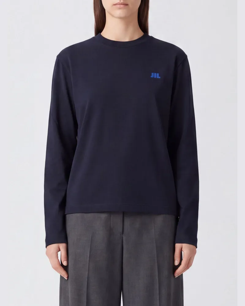 Jil Sander Langarm-T-Shirt aus Baumwolle mit Kontrastlogo Blau
