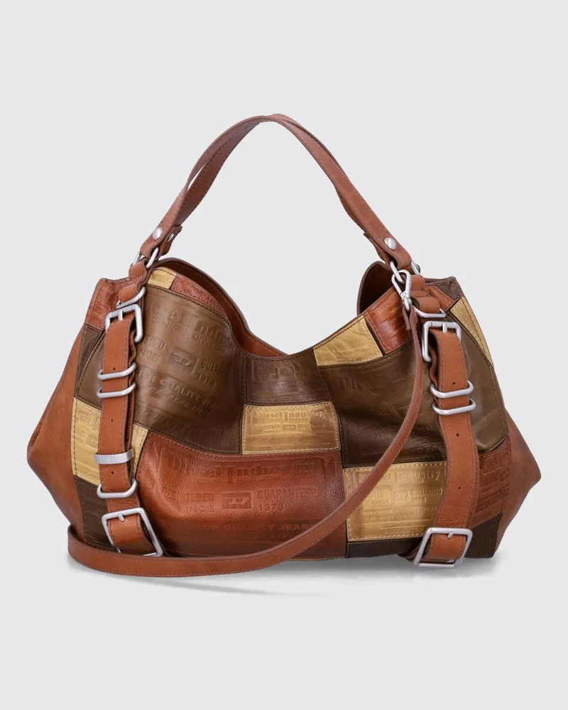 Diesel D-One Patchwork-Leder-Tragetasche mit doppeltem Griff und Schnalle Braun