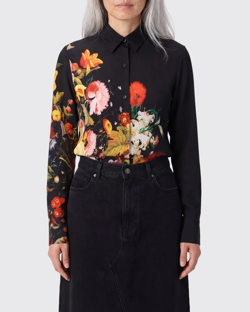 Dries van Noten Seidenhemd Calima mit Blumendruck und französischem Kragen Schwarz
