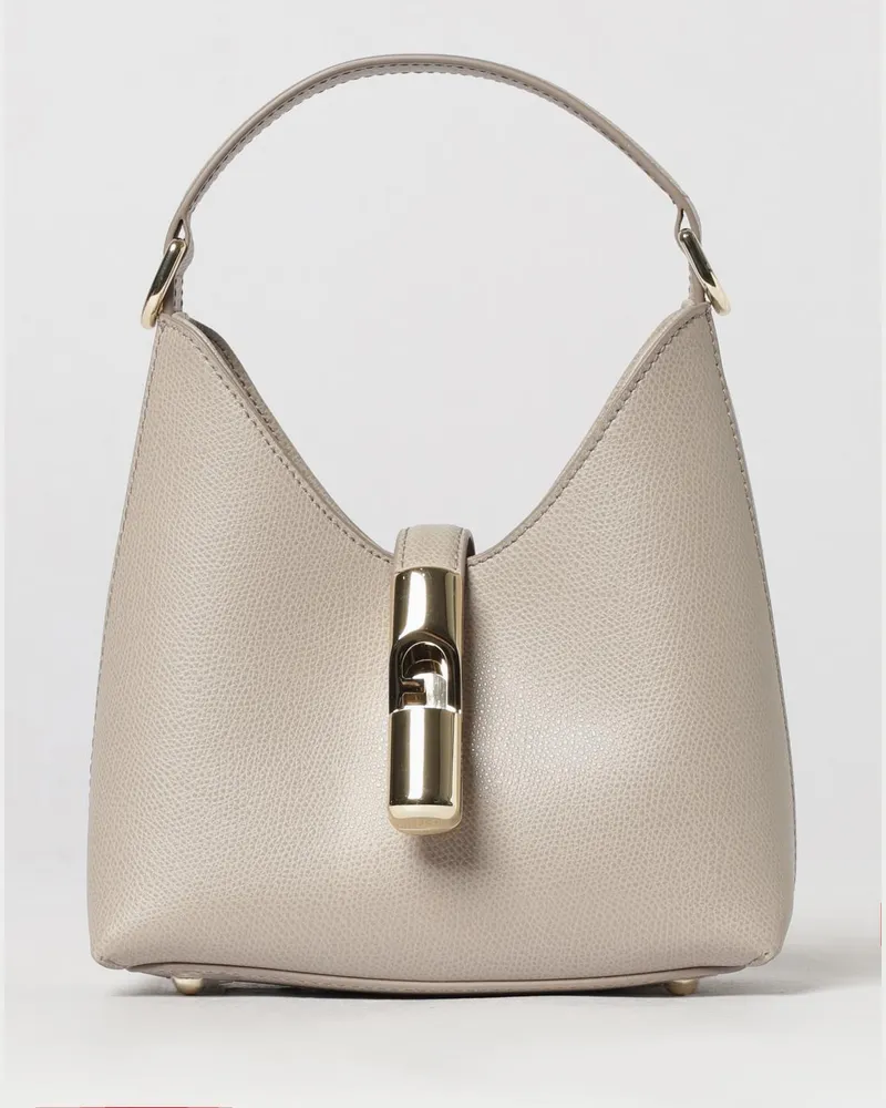 Furla Mini-Schultertasche aus genarbtem Leder mit Monogramm-Logo und Riemen Grau