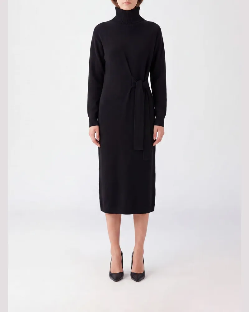 Liu Jo Midi-Strickkleid aus Wollmischung mit Rollkragen und Gürtel Schwarz