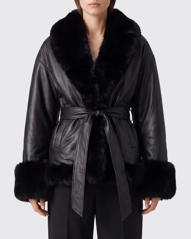 ROTATE Birger Christensen Kurze Lammlederjacke mit Pelzkragen und Manschetten Schwarz