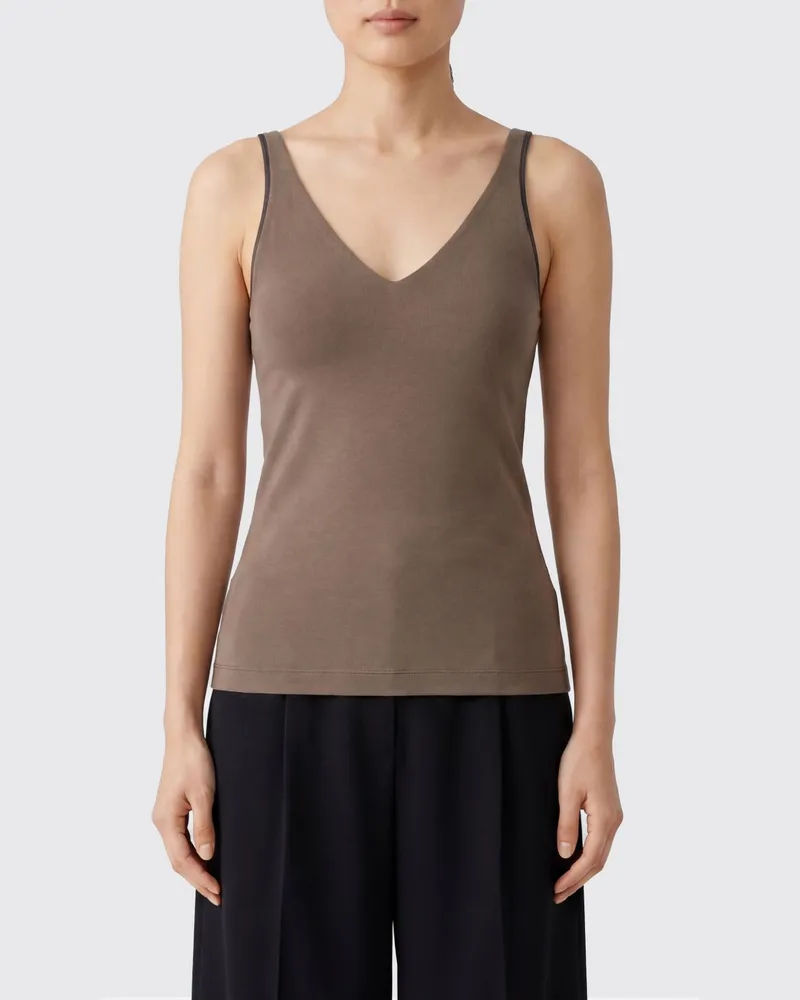 Brunello Cucinelli Slim-Fit-Top aus Baumwolle mit V-Ausschnitt und Monili-Detail Camel