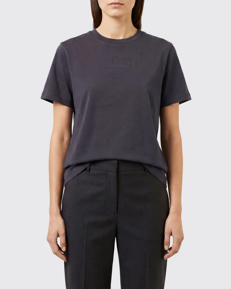 Ganni Slim Fit Baumwoll-T-Shirt mit Ton-in-Ton-Logo Charcoal