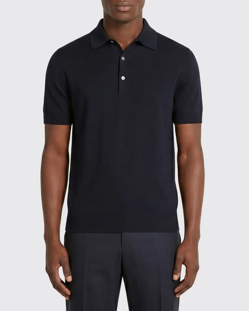 Ermenegildo Zegna Poloshirt aus Baumwollstrick mit geripptem Kragen und Saum Blau