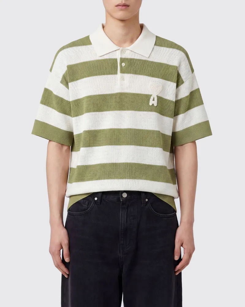 AMI Paris Gestreiftes Baumwoll-Poloshirt mit Logo Weiss