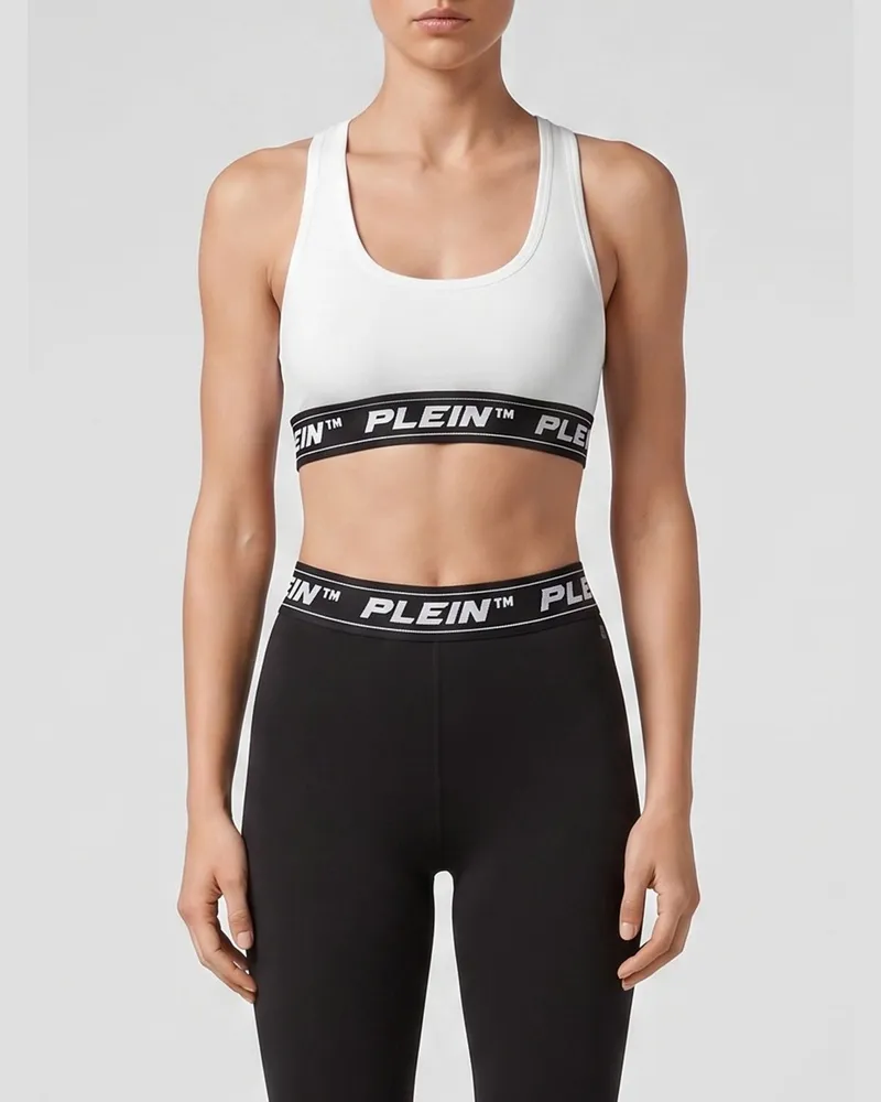 Philipp Plein Gekürztes Jersey-Top mit quadratischem Ausschnitt und Jacquard-Logo Weiß