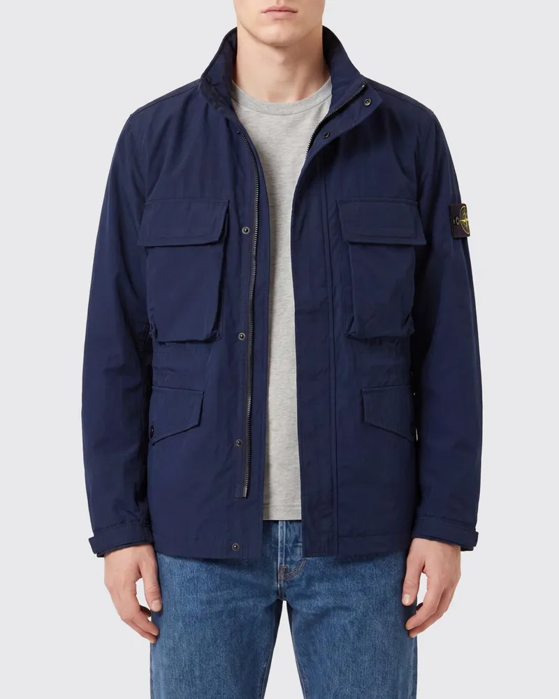 Stone Island Wasserabweisende Twill-Windjacke mit Stehkragen Blau