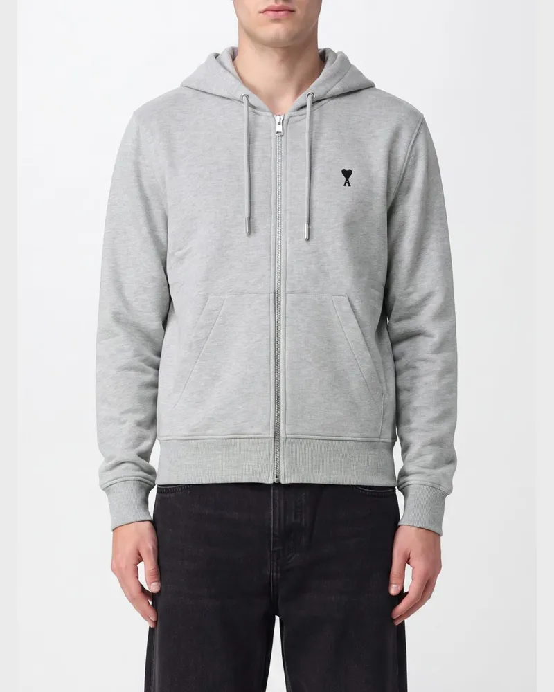 AMI Paris Baumwoll-Kapuzenjacke mit Reißverschluss mit Kängurutasche und Logo Grau