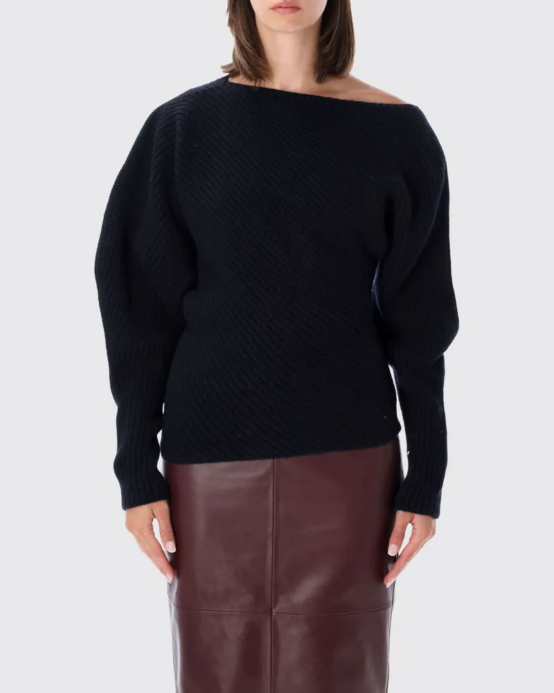 Alberta Ferretti Drapierter Pullover aus Wolle und Seide mit asymmetrischem Ausschnitt Blau