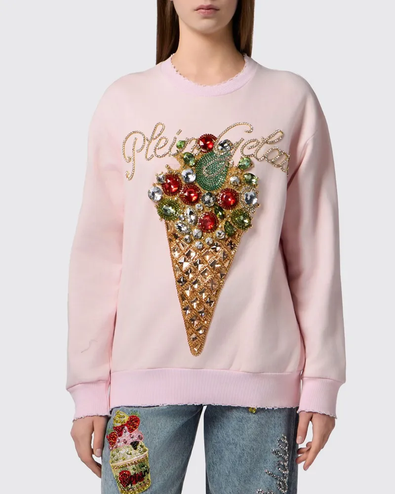 Philipp Plein Relaxed-Fit Sweatshirt aus Baumwolle von mit ausgefranstem Saum und Strass-Logo Fuchsia