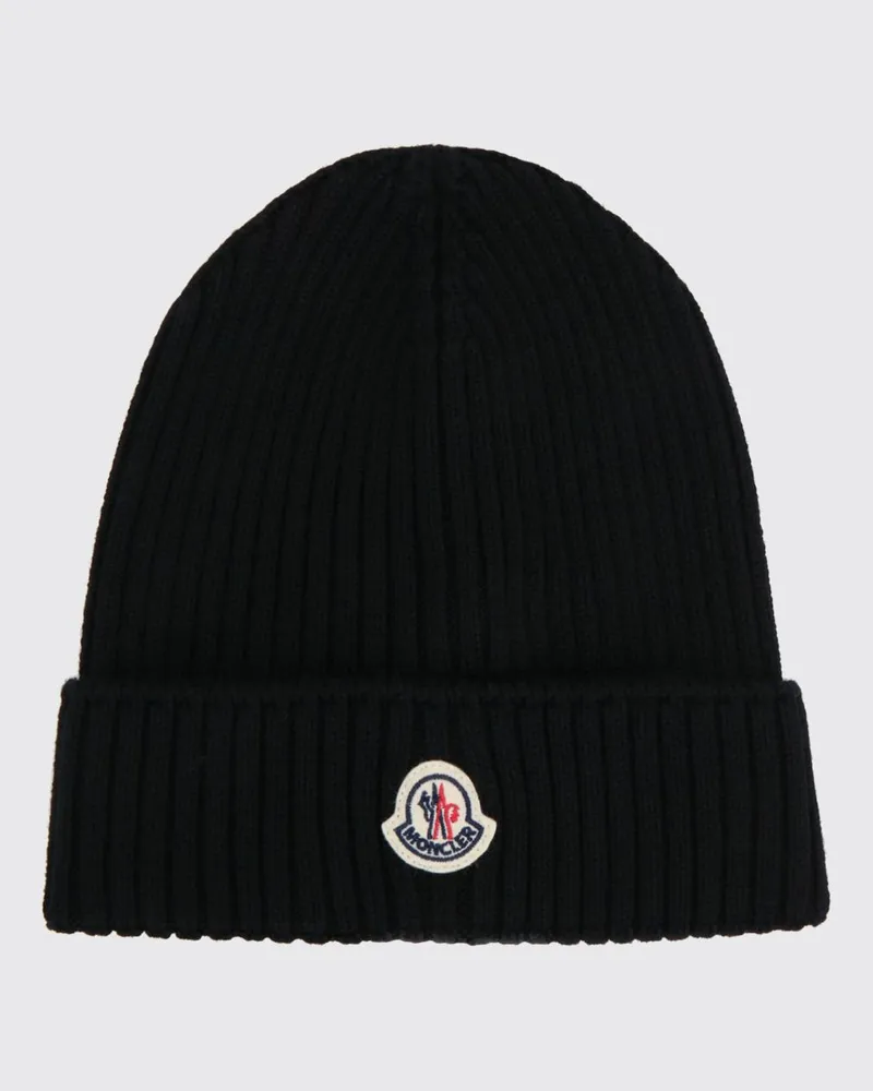 Moncler Rippenstrick-Wollmütze für Jungen mit Umschlag und Logo-Patch Schwarz