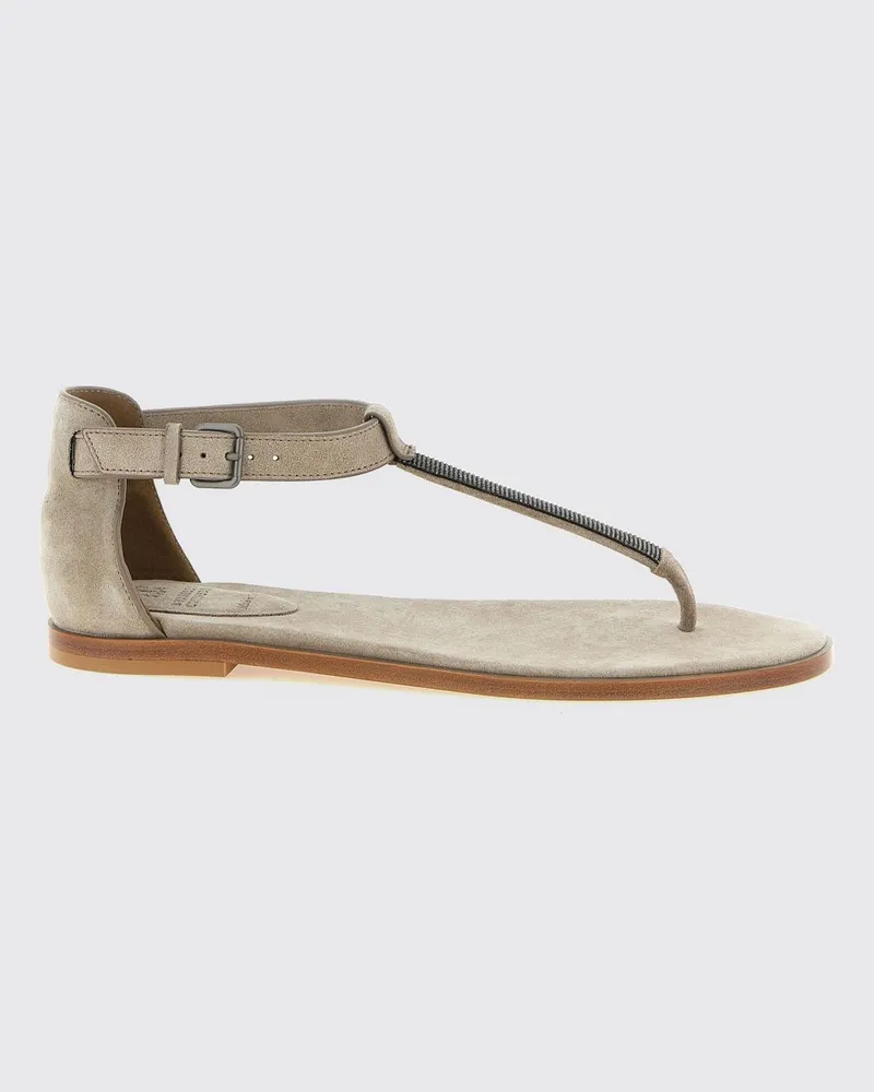 Brunello Cucinelli Zehentrenner-Sandalen aus Veloursleder mit niedrigem Absatz Beige