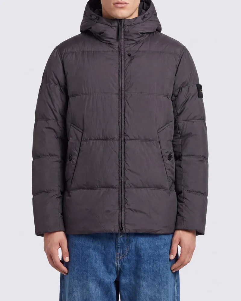 Stone Island wasserdichte Nylon-Daunenjacke mit Kapuze und Compass-Logo Charcoal