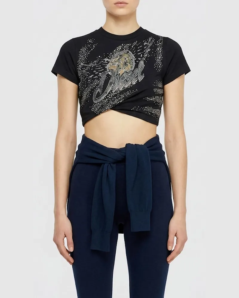 Diesel Cropped-Top T-Wincy aus Baumwolle mit Print und Strass Schwarz