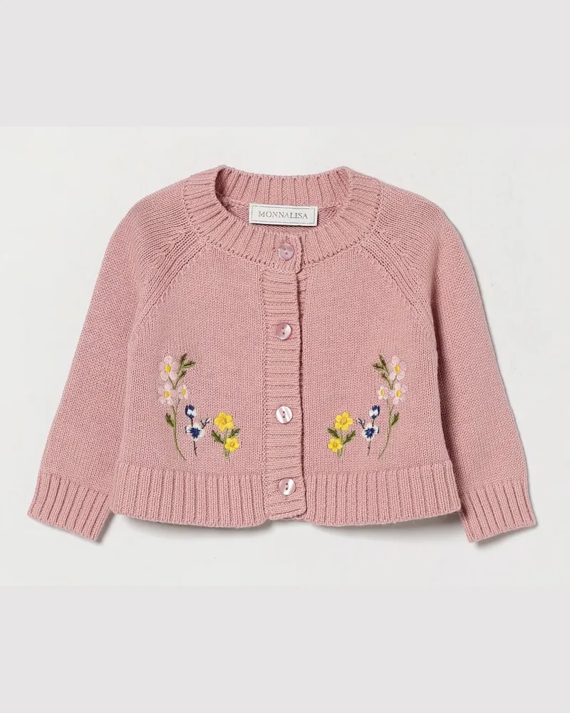 Monnalisa Rundhals-Cardigan für Mädchen aus Wolle und Baumwolle mit Blumenstickerei Pink