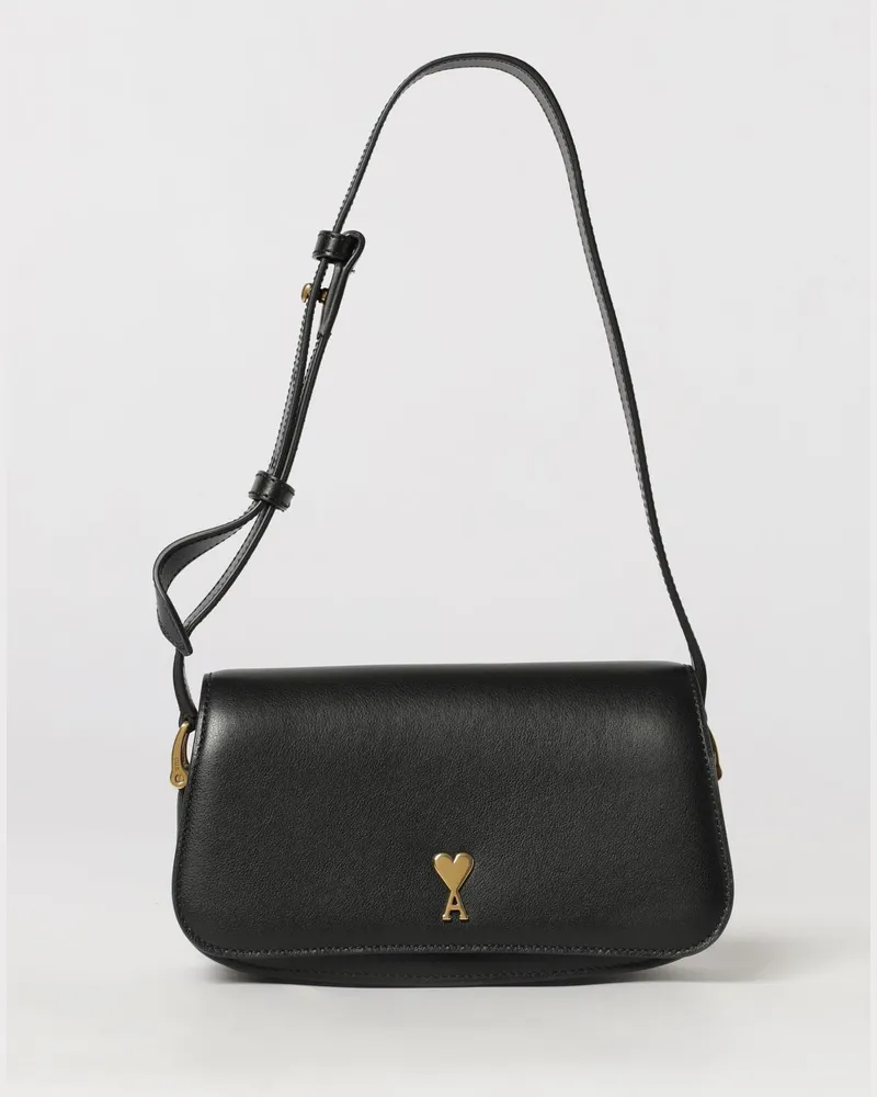 AMI Paris Ami De Coeur Umhängetasche aus Glattleder mit Monogramm und Metall-Logo Schwarz