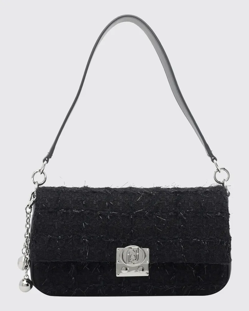 Liu Jo Schultertasche aus Monogramm-Tweed mit Klappverschluss und Anhänger Schwarz