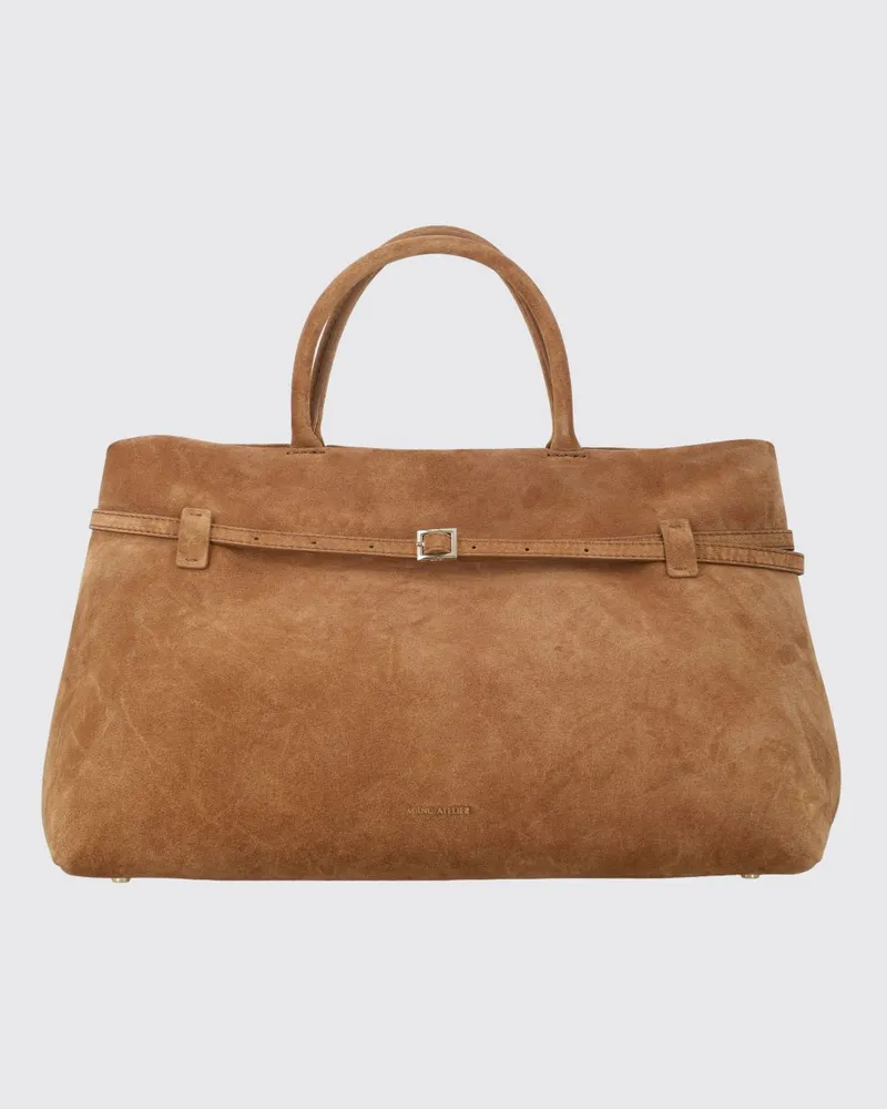Manu Atelier Le Cambon 40 Veloursleder-Handtasche mit geprägtem Logo Braun