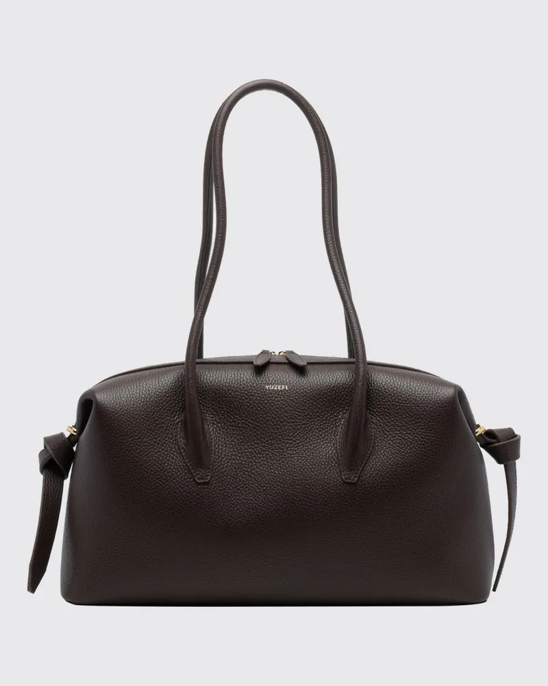 YUZEFI Brioche Schultertasche aus genarbtem Kalbsleder mit laminiertem Logo Braun