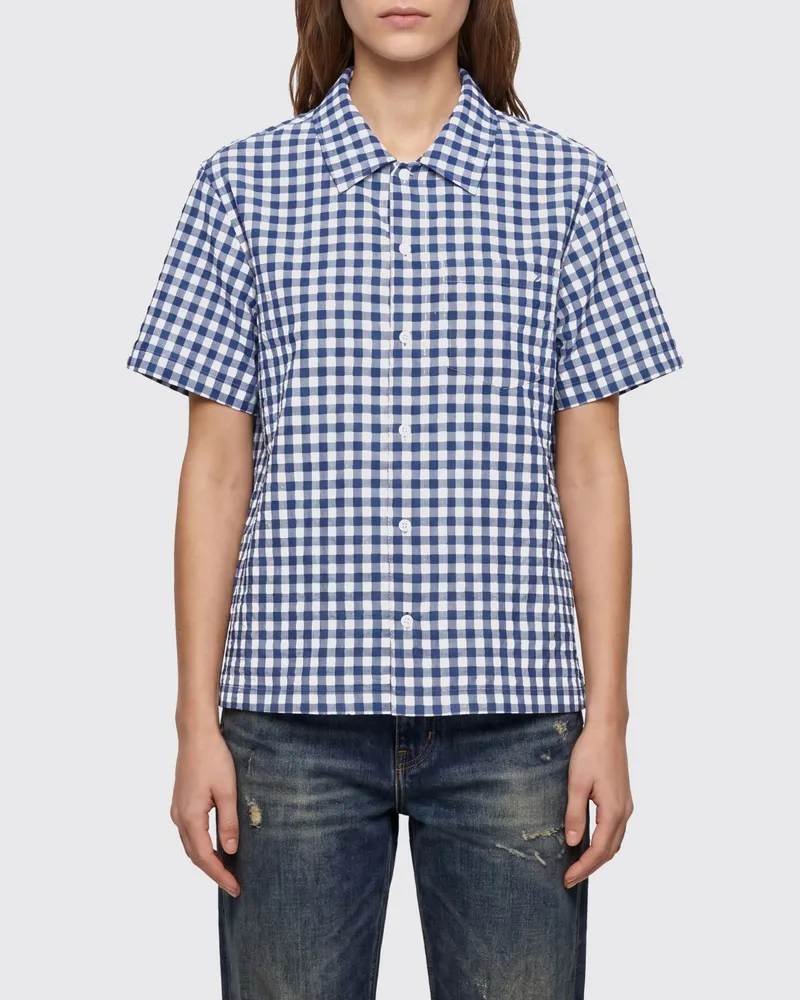 Dunst Slim Fit Hemd mit Karomuster aus Baumwollmischung mit kurzen Ärmeln Blau